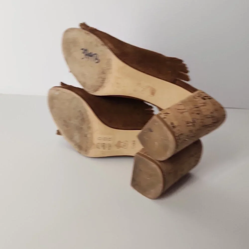 Tory Burch Huntington Festival Brown suede fringe mule sandal heel shoes 5.5 M